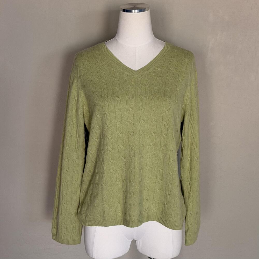 Charter Club Cashmere Sweater Womens 1X Green V Neck Cable Knit Long Sleeve